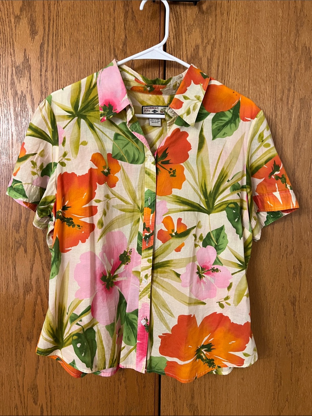 Caribbean Joe Floral Camp Shirt — Pink, Orange, Green